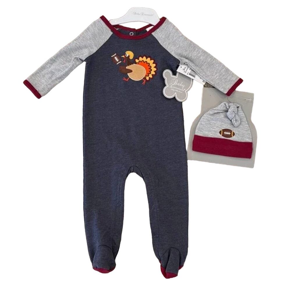 NWT Baby Essentials Navy & Grey Thanksgiving Football Bodysuit & Cap